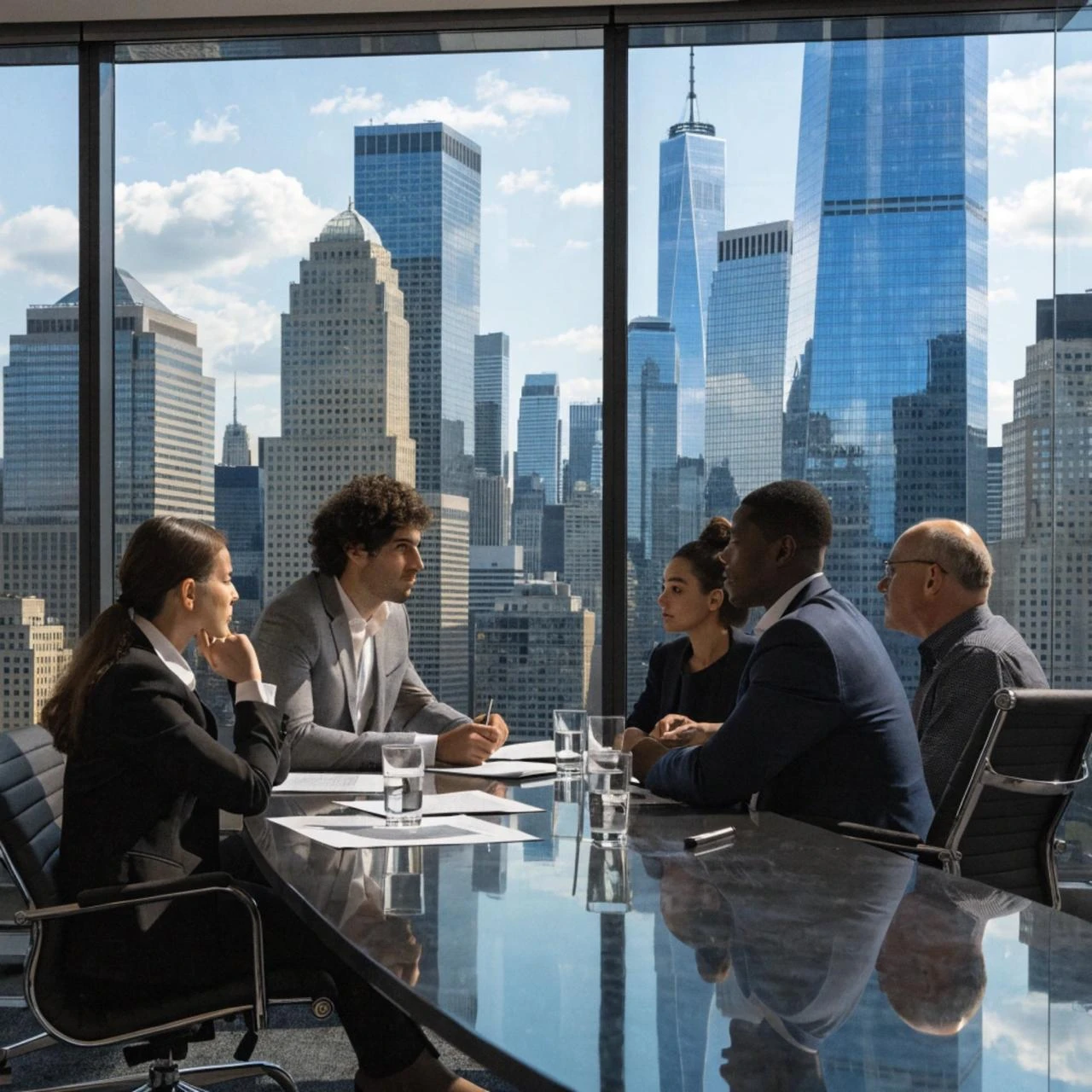 Empresarios en oficina moderna con vista a la ciudad de Estados Unidos